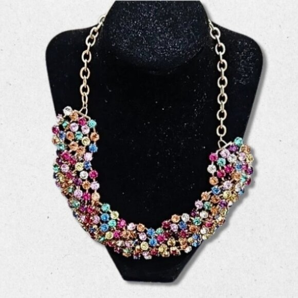 Sugarfix Runway Necklace Cluster Rhinestone Gold Tone Chain Multicolor One Size - Picture 1 of 4